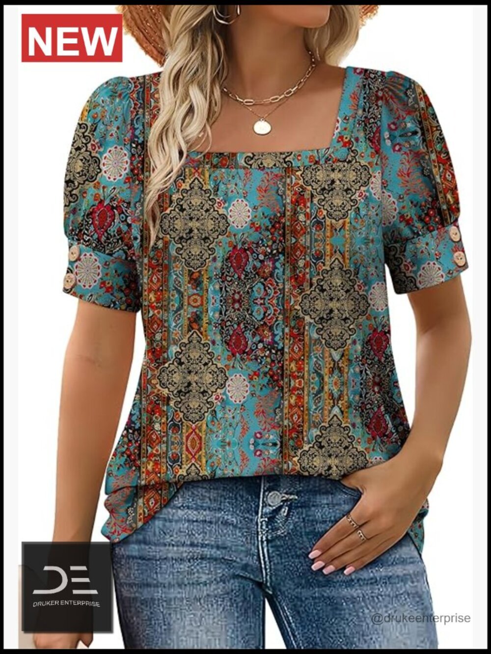Short Sleeve Square Neck Blouse Puff Sleeve Button Detail Loose Fit Top